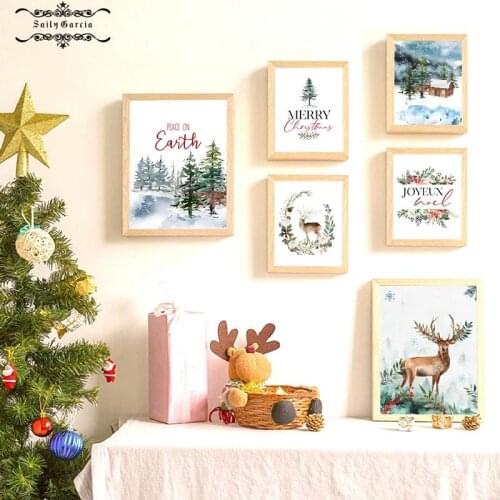 Cartoon Christmas Tree Elk Santa Poster Snow World Canvas Painting Nordic Wall Art Prints Pictures for Modern Home Cuadros Decor