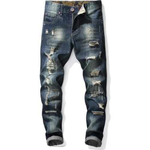 Mens Trousers Plus-Size Fashion Hipster Jeans With Ripped Patch Straight Leg Vintage Blue Stretch Midwaist Jeans