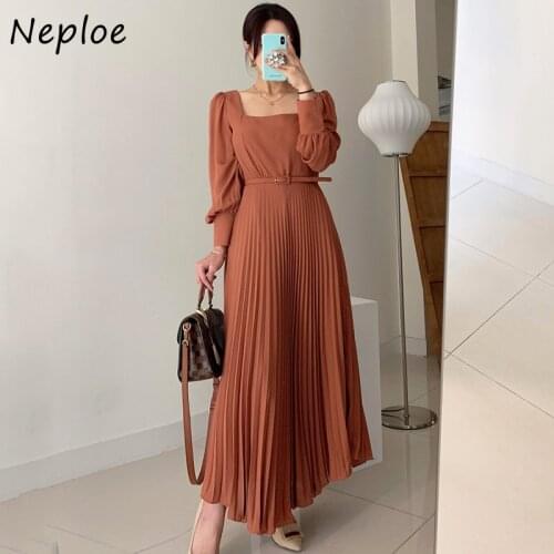 Neploe Square Collar Clavicle Exposed Sexy Dress Women High Waist Hip Draped A Line Long Vestidos Lantern Long Sleeve Slim Robe