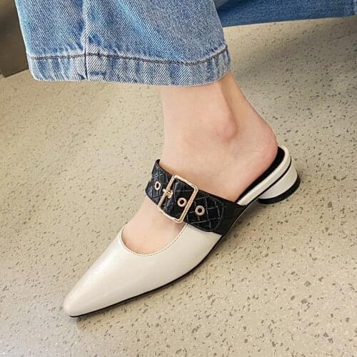 QZYERAI 2021 New Style Summer Women Genuine Leather Slippers Low Cylinder with Metal Buckle Cowhide Slippers Womens Shoes