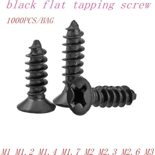 1000pcs black flat head tapping screw m1 m1.2 m1.4 m1.7 m2 m2.3 m2.6 m3 black countersunk tapping screw
