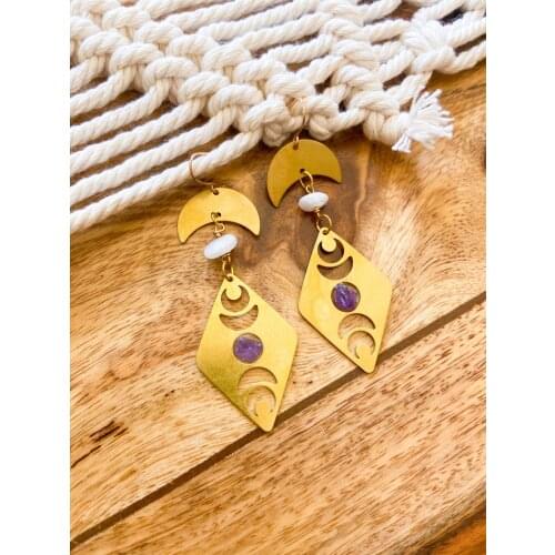 Moon Phase Earrings with Amethyst & Moonstone Crystals