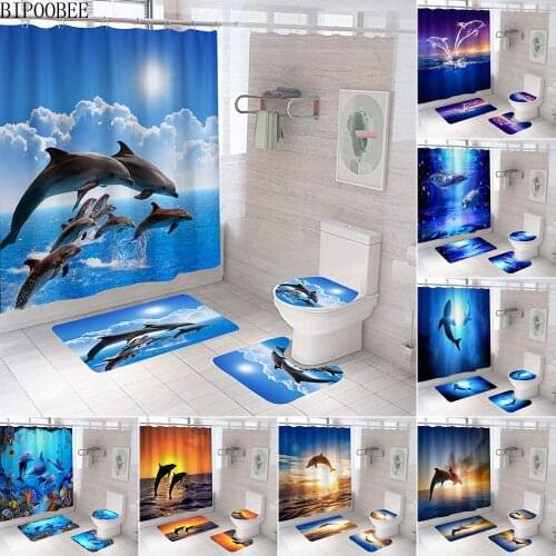3D Ocean Dolphin Print Shower Curtain Deep Sea Scenery Bathroom Curtains Bath Mat Rugs Set Toilet Cover Anti-skid Rug Home Decor