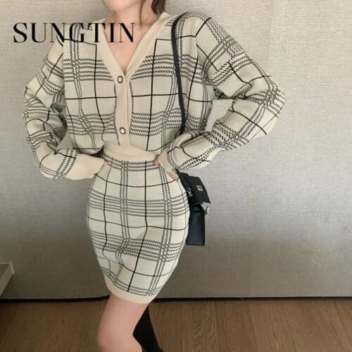 Sungtin Plaid Bodycon Skirt Knitted Cardigan Two Piece Set Women Sexy Casual Suits Skirt Elegant Sweet Sweater Coats Lady Korean