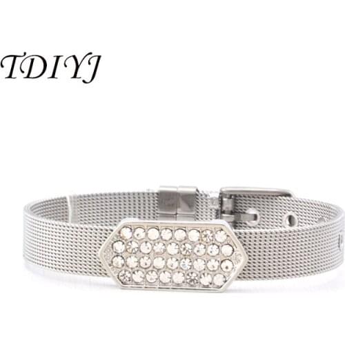 TDIYJ Deluxe KEEPER Mesh Stainless Steel Keeper ing Bracelet with Crystal Geo Bar Keeper Slide Charms 1Set