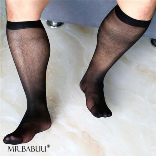 Thin reinforced, durable and not easy to snag sexy black transparent straight high elastic long mens formal business stockings