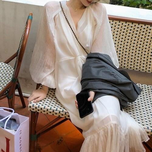 Dahuayuan DHY spring collection waist V-neck white French temperament long skirt a hem Floral Chiffon Dress