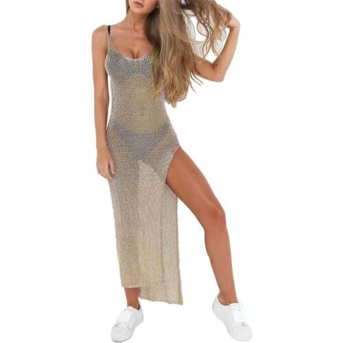 Y166 Women Sexy Summer Sunscreen Sheer Mesh Bikini Cover Up Metallic Solid Color Backless High Slit Beach Club Party Sleeveless