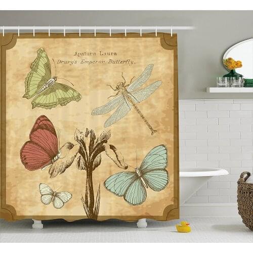 Dragonfly Shower Curtain Retro Style Butterflies with Flower Petals and Grunge Effects Artwork Wall Decoration Hanging Curtains