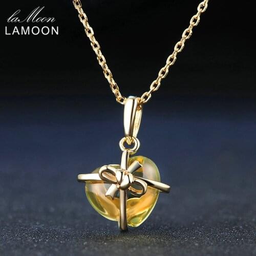 Lamoon Romantic Heart Natural Citrine 925 Sterling Silver Chain Pendant Necklace Jewelry 14K Yellow Gold Plated S925 LMNI017