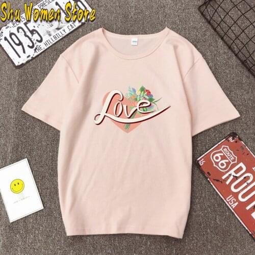 2021 new Heart Flower Print Ladies T-shirt Women Casual O-collar White Shirt Summer Short Sleeve T-shirt Love Graphic Tshirts