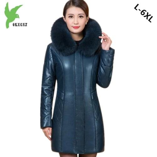 Plus size 6XL Middle aged Women Leather Cotton Jacket Coat Winter Warm Parkas Thicker Hooded Jacket Boutique Cotton Coats OKXGNZ