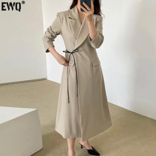 [EWQ] Korean Chic Autumn Women Lapel Bow Tie Lace Up Waist Closing Solid Color Long Sleeve Windbreaker Coat Female 2021 16E2596