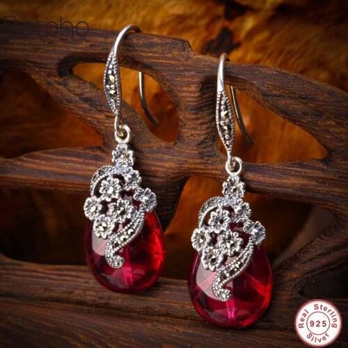 Garne Gemstone 100% 925 Sterling Silver colour Garnet Dangle Earrings Vintage 3.9*1.3 Agate Chalcedony Flower Earrings Women men