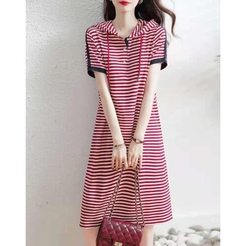 Womens Dresses MOYISU 2021 New Short Sleeve Stripes Cotton Knit Pullover Sweatshirt Hoodie Dresses Simplicity All-Match Dress