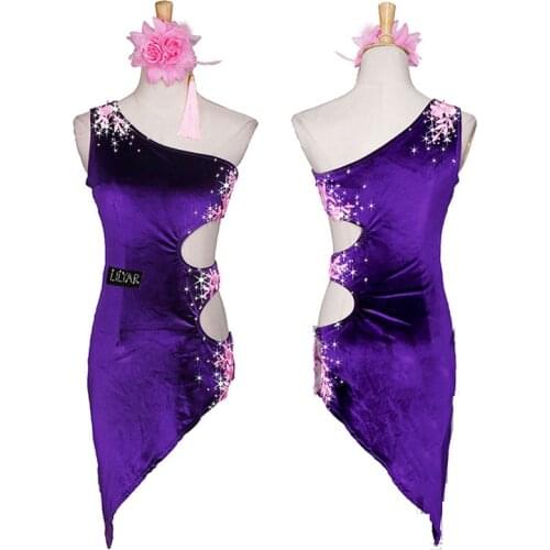 New Latin Dance Performance Costume Purple Velvet Hollow Out Jive Ballroom Dance Dress Girls Women Rhinestone Rumba Dress BL6749