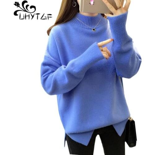 UHYTGF Women sweater Pullover turtleneck fall /winter sweater female knit elasticity loose short sweater coat swetry damskie 623