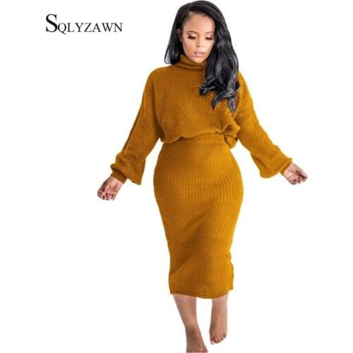 Winter Sweater Skirt Two Piece Sets Women Knitted Turtleneck Lantern Long Sleeve Tops Causal Fall Fashion Matching Jumper Outfit