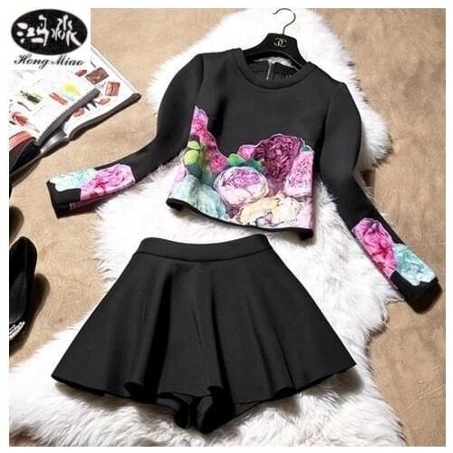 HongMiao 2018 New Fashion Women O Neckwinter Flowers Suede Long Sleeved Jacket And Skirt Suits Women Sets Casual 2 Piece Sets Q