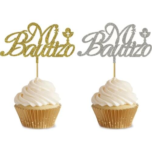 20 Pieces Glitter Gold Silver Spanish Mi Bautizo Cupcake Topper For Kids Christening & Baptism Party Decoration Topper YP005