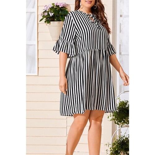 2021 Spring and Summer New Plus Size Dress Striped Temperament Commuting Striped Trumpet Sleeve Plus Size Womens Dress