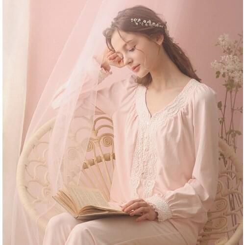 Free Shipping 2016 New Autumn and Winter Womens Pajamas Pants Home Cloth Lace Sleepwear Cotton Nightgown Princess Nightshirt