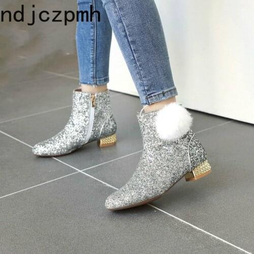 Womens Boots New winter fashion Round head zipper Sequin Low-heeled Ankle boots Womens shoes plus size 30-43 Heel Height 3cm