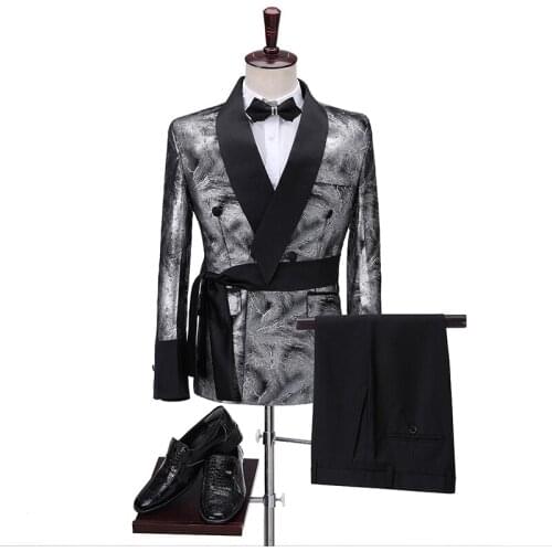 Italian Design Double Breasted Slim Fit Shiny Silvery Smoking Wedding Suit Men Costume Homme Prom Tuxedo Groom Suits For Men