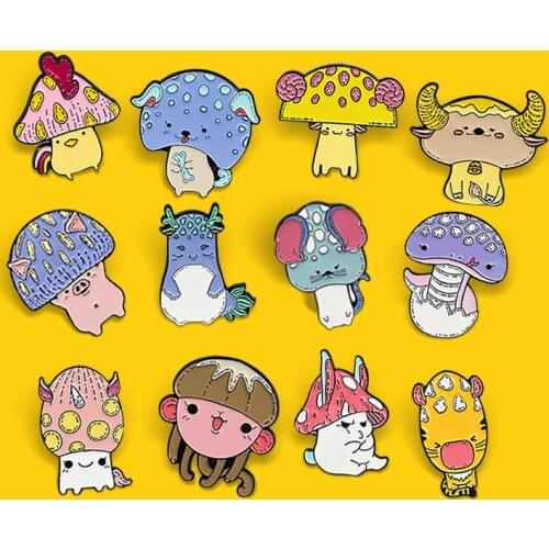 Chinese Zodiacs Enamel Pin Mushroom Animal Rat Ox Tiger Rabbit Dragon Snake Horse Sheep Monkey Chicken Dog Pig Brooches Jewelry
