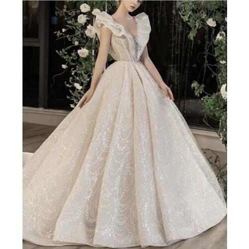 Classic Wedding Dresses Illusion O Neck Beaded Short Sleeve Bling Bling Ball Gown Vestidos De Novias 2020