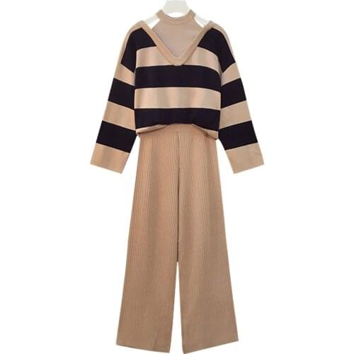 Two Piece Set Autumn Knitted Women Sets Sexy Stripe Print Long Sleeve Pullover Sweater And Pants Sets Tracksuits Clothing Women