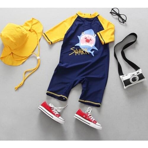 Korea Shark Kids Swimming Suit Male Baby Sunscreen Diving Surfing Suit One Piece Clothes With Hat Childrens Swimming Pool Trunk