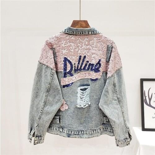 Spring Autumn Women New Harajuku Hole Letter Sequin Denim Jacket Vintage Loose Jeans Jacket Student Basic coat Female Streetwear