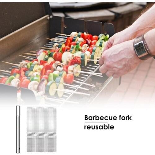 21pcs Metal BBQ Skewers With Storage Tube Reusable Grill Stainless Steel Skewers Shish Kebab Flat Forks Outdoor Camping BBQ Tool