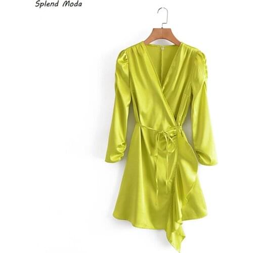 Splend Moda Autumn Fashion Sexy Satin Texture Wrap Lace-Up Pleated Ruffle Mini Dress Women Solid Color Chic Vestido Female
