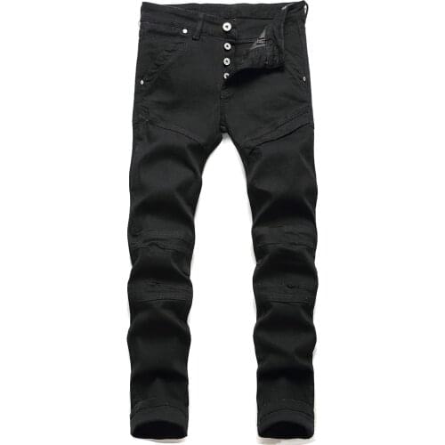 Mens Patchwork Buttons Fly Biker Jeans Trendy Stretch Denim Slim Pants Trousers Black Gray