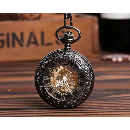 Man Vintage high quality Transparent glass Roman numerals black Automatic mechanical pocket watches PP21