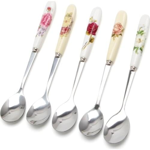 2021 New Ceramic Handle Spoon Stainless Steel Dessert Coffee Spoons Ice Cream Teaspoon
