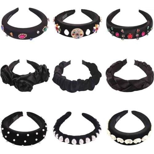 ZA Black Velvet Hairband Rhinestone Pearls Cross Braid Headband for Women Bling Sequin Hair Hoop Padded Hair Winter Accessories