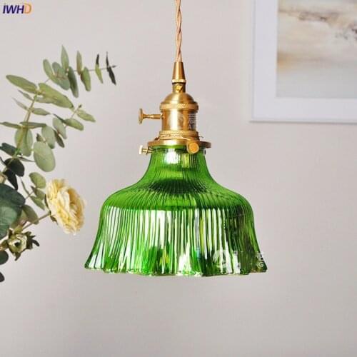 IWHD Nordic Green Glass LED Pendant Lights Fixtures Vintage Style Switch Bar Bedroom Copper Modern Hanging Lamp Luminaria