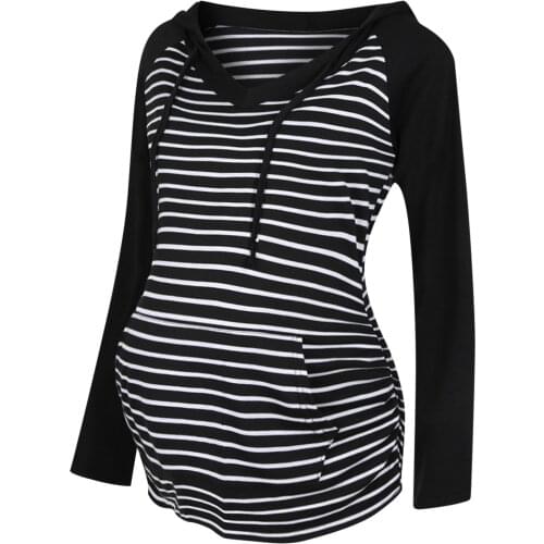 Maternity Sweatshirt Women Long Sleeve Hooded Sweater Maternity Striped Print Long Sleeve V-neck Hoodie Sweatshirts Top