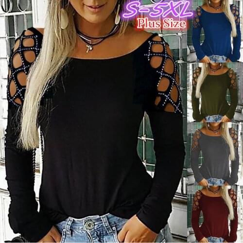 Women Blouse Long Sleeve Loose Cotton T-Shirt Summer Ladies Casual Blouse S-5XL Hollow Out Cold Shoulder T-shirt Top for Spring