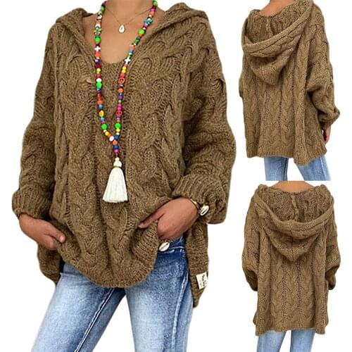 2020 Women Autumn Solid Color Long Sleeve Braided Hooded Pullover Knitted Sweater Womens Clothing свитер женский pull femme