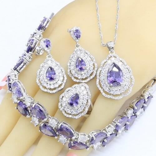 Luxury 925 Sterling Silver Jewelry Sets for Women Water Drop Purple Amethys Bracelet Necklace Pendant Earrings Ring Gift Box