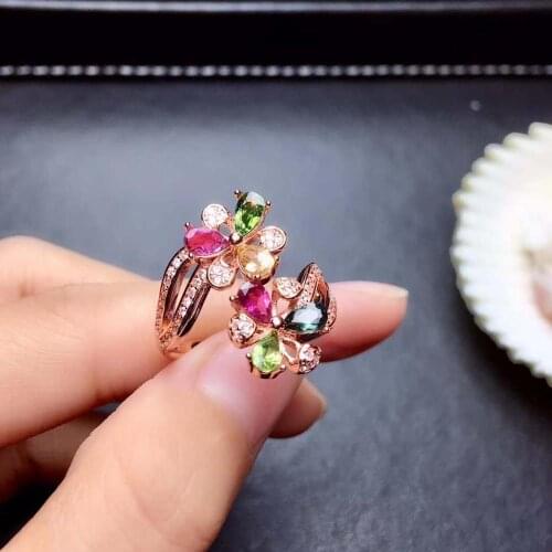 Natural Candy Tourmaline 3 Color Gemstone Flower pattern Ring Real 925 Silver Fine Fashion Charming Jewelry for Women FS Jewelry