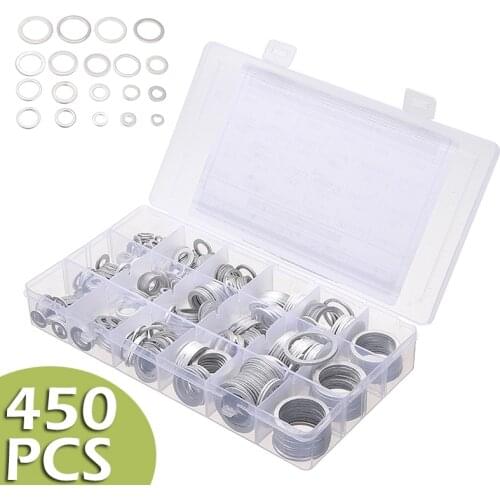 450Pcs Aluminum Flat Washers Assortment Kit Metal O-RingSealing Washer Gasket Rings Assorted Sizes Flat Ring Seal with Box