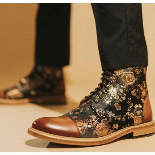 Mens Handmade High Quality PU Stitching Black Bottom Printing Round Toe Lace-up Ankle Boots Fashion Daily Business Casual KA122