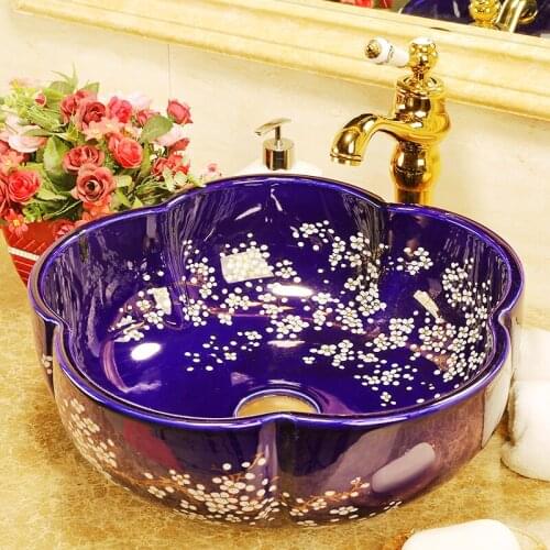 Flower Countertop Ceramic Bathroom Vessel Sink Wash Basin bathroom vintage blue ceramic wash basin