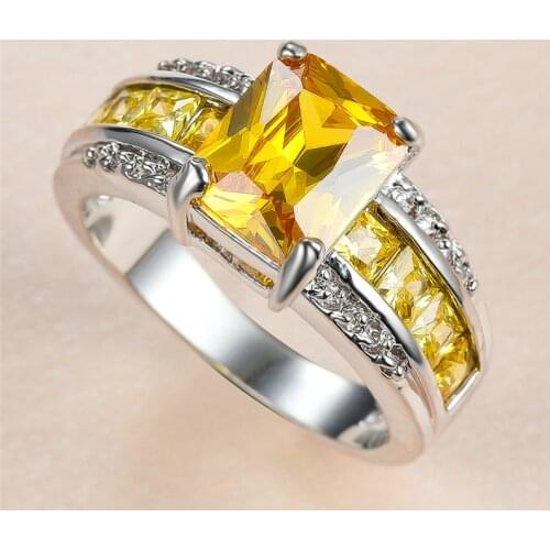 Dainty Female Yellow Crystal Stone Ring Charm Silver Color Thin Wedding Rings For Women Cute Bride Square Zircon Engagement Ring