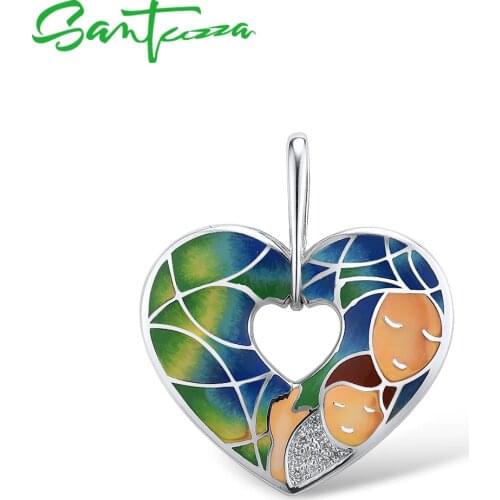 SANTUZZA 925 Sterling Silver Pendant For Women Baby Lady Smiley Face Heart Pendant fit for Necklace Fine Jewelry Enamel Handmade